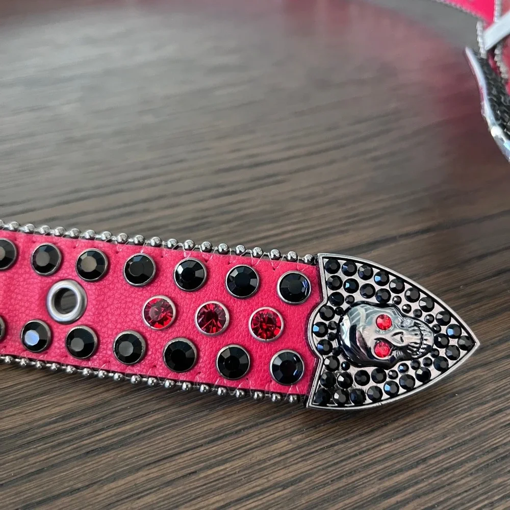 Hot Pink Red Rhinestone Skull Buckle‎ Western Sparkly Belt Women's Belt